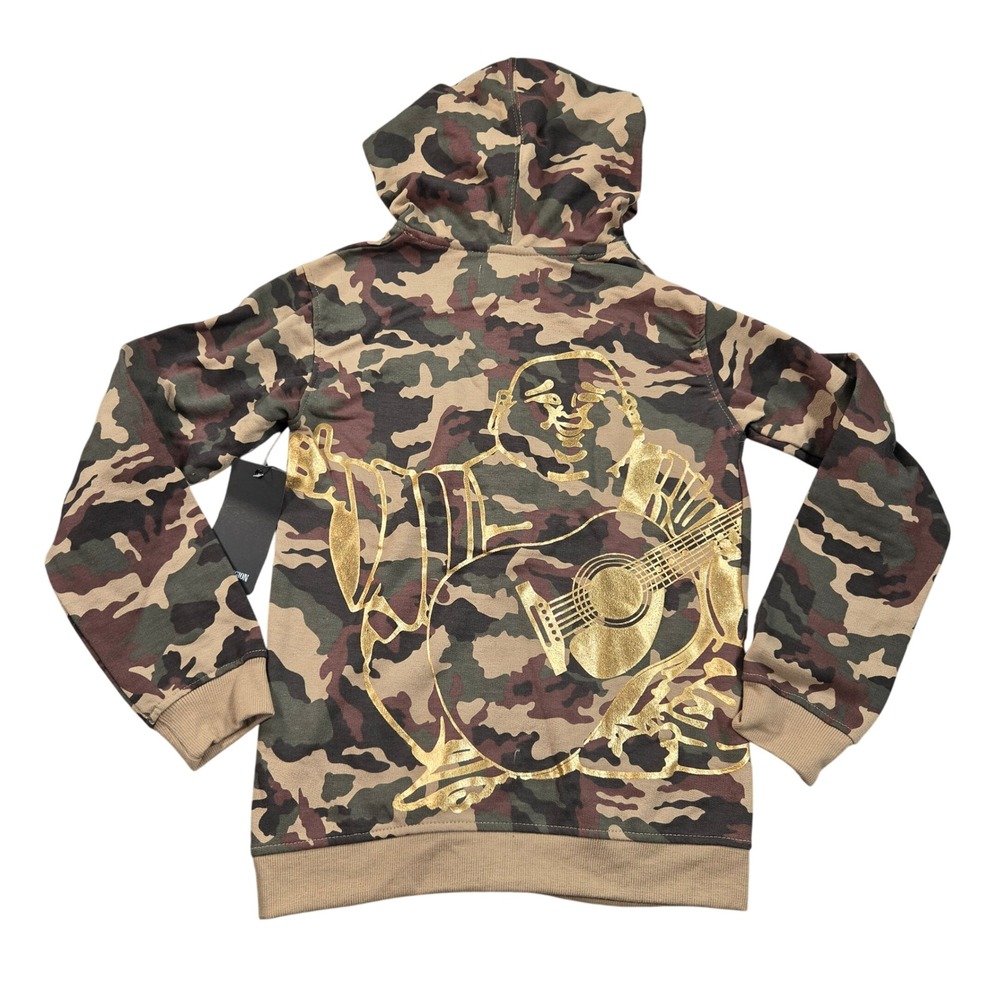 True Religion Jacket Hoodie Sweatshirt Womens Small Camo Gold Buddha Zip Up